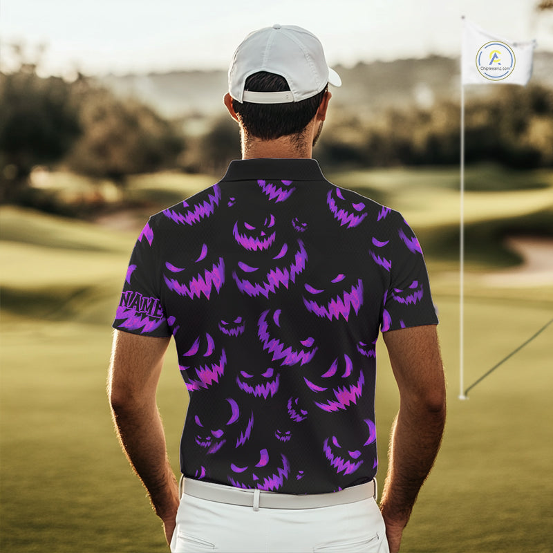 Purple and Black Halloween Pattern Funny Skull Golf polo shirt for men Custom Halloween Mens golf top NQS10663