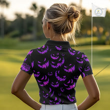 Load image into Gallery viewer, Purple and Black Halloween Pattern Funny Skull Golf polo shirt for Women Custom Halloween golf top NQS10663
