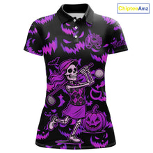 Load image into Gallery viewer, Purple and Black Halloween Pattern Funny Skull Golf polo shirt for Women Custom Halloween golf top NQS10663