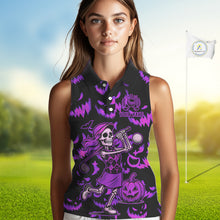 Load image into Gallery viewer, Purple and Black Halloween Pattern Funny Skull Golf sleeveless polo shirt Custom Halloween golf top NQS10663