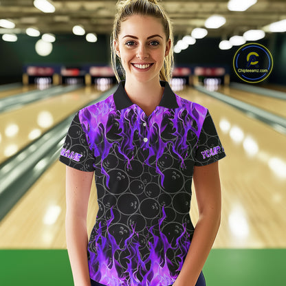 Black and Purple Flame camo Women bowling shirts Custom Flame Bowling Shirt Team Bowling Jersey NQS10666