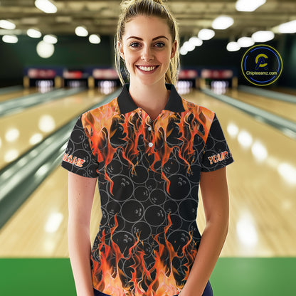 Black and Orange Flame camo Women bowling shirts Custom Flame Bowling Shirt Team Bowling Jersey NQS10667