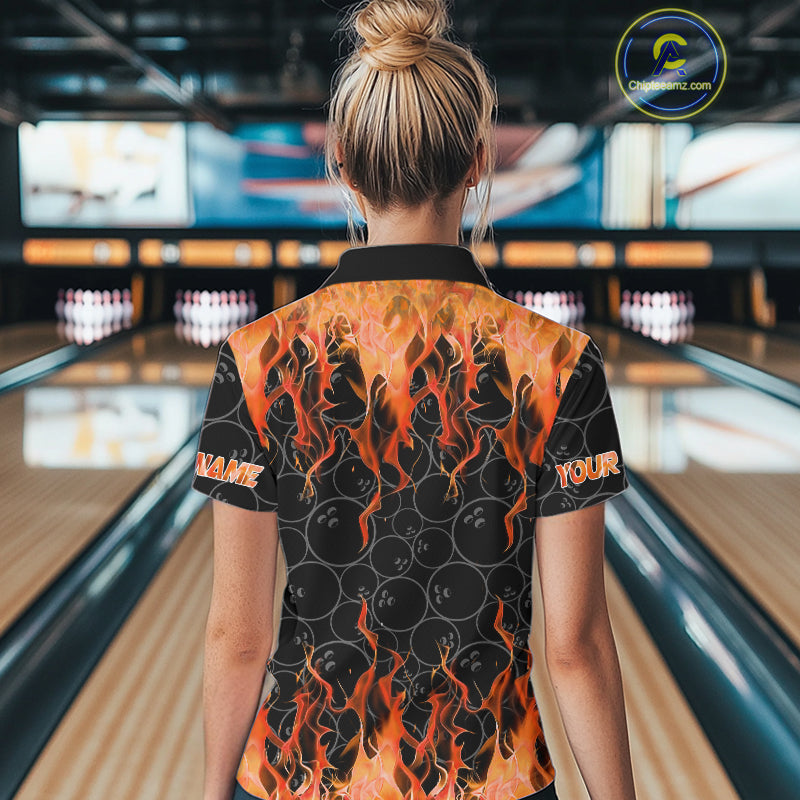 Black and Orange Flame camo Women bowling shirts Custom Flame Bowling Shirt Team Bowling Jersey NQS10667