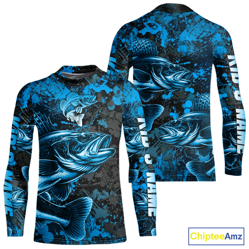 Blue Camo Walleye Fishing Shirts Custom performance fishing apparel, walleye fishing jerseys NQS11061