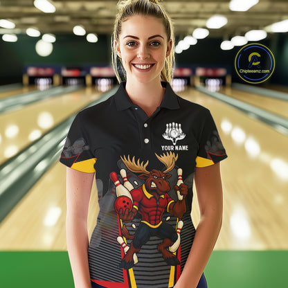 Black and Red Funny Moose Bowling shirts for women Custom polo, quarter zip bowling outfits for women NQS11064