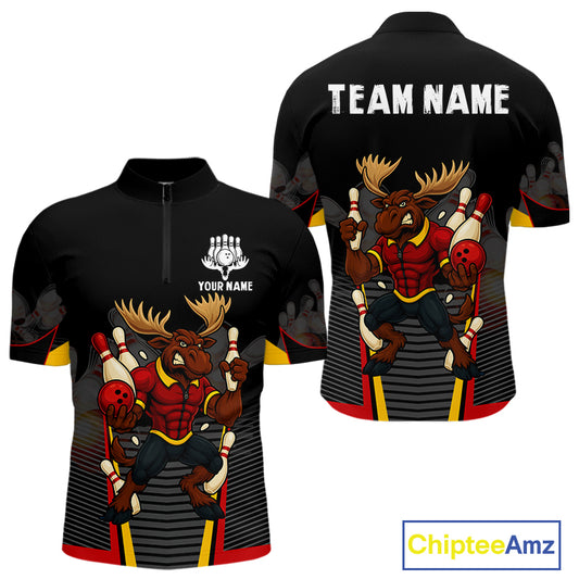Black and Red Funny Moose Bowling Team Polo, Quarter Zip Shirts For Men Custom bowling jerseys men NQS11064