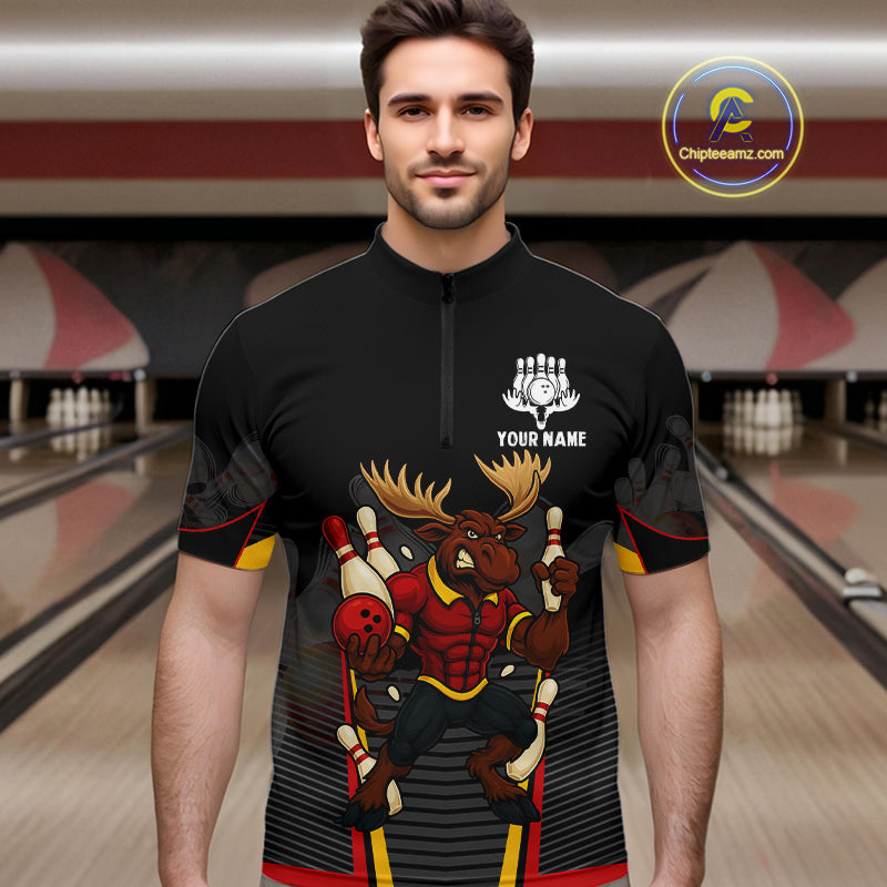 Black and Red Funny Moose Bowling Team Polo, Quarter Zip Shirts For Men Custom bowling jerseys men NQS11064