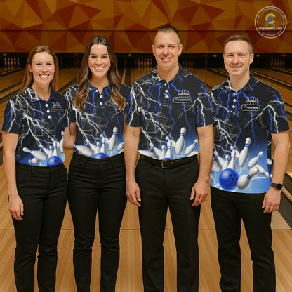 Women's bowling Polo, Quarter Zip shirts Custom Blue lightning thunder team bowling league jerseys NQS11261