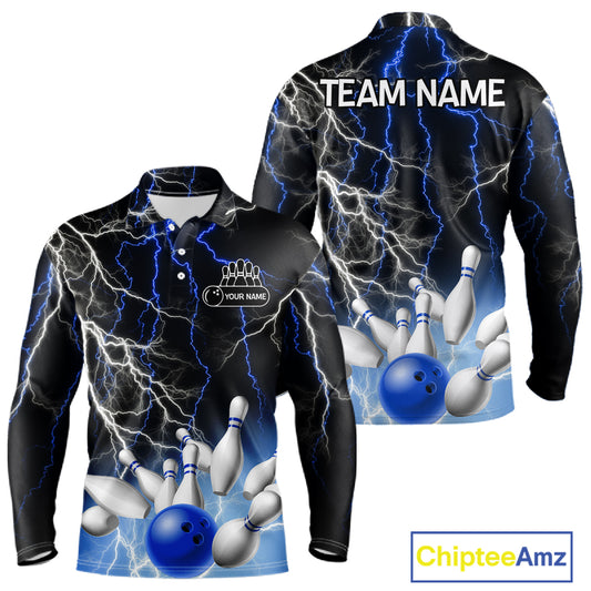 Men's bowling Polo, Quarter Zip shirts Custom Blue lightning thunder team bowling league jerseys NQS11261
