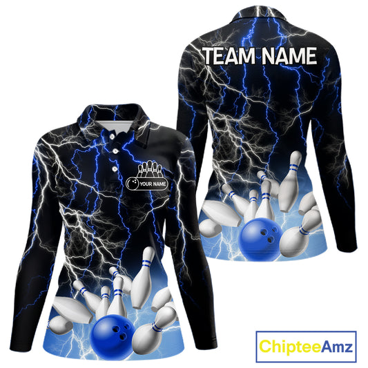 Women's bowling Polo, Quarter Zip shirts Custom Blue lightning thunder team bowling league jerseys NQS11261