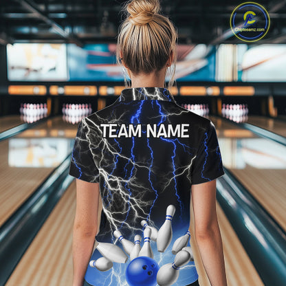 Women's bowling Polo, Quarter Zip shirts Custom Blue lightning thunder team bowling league jerseys NQS11261