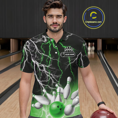 Men's bowling Polo, Quarter Zip shirts Custom Green lightning thunder team bowling league jerseys NQS11262