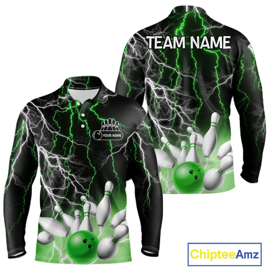 Men's bowling Polo, Quarter Zip shirts Custom Green lightning thunder team bowling league jerseys NQS11262