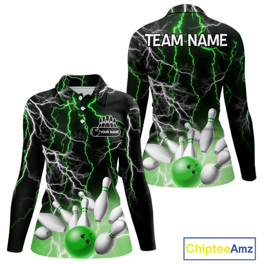 Women's bowling Polo, Quarter Zip shirts Custom Green lightning thunder team bowling league jerseys NQS11262