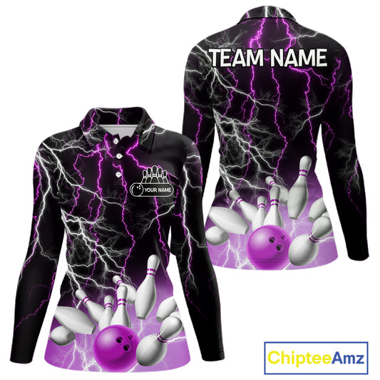 Women's bowling Polo, Quarter Zip shirts Custom Purple lightning thunder team bowling league jerseys NQS11263