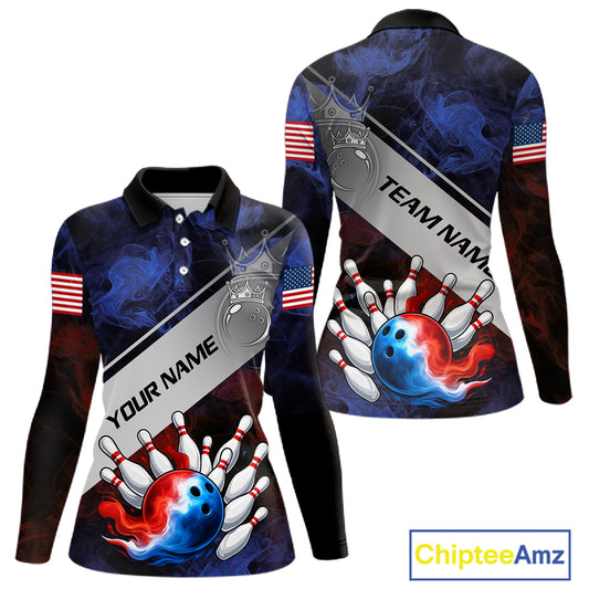 Red, White & Blue Smoke American Flag Bowling shirts For Women Custom patriotic Team bowling jersey NQS11269