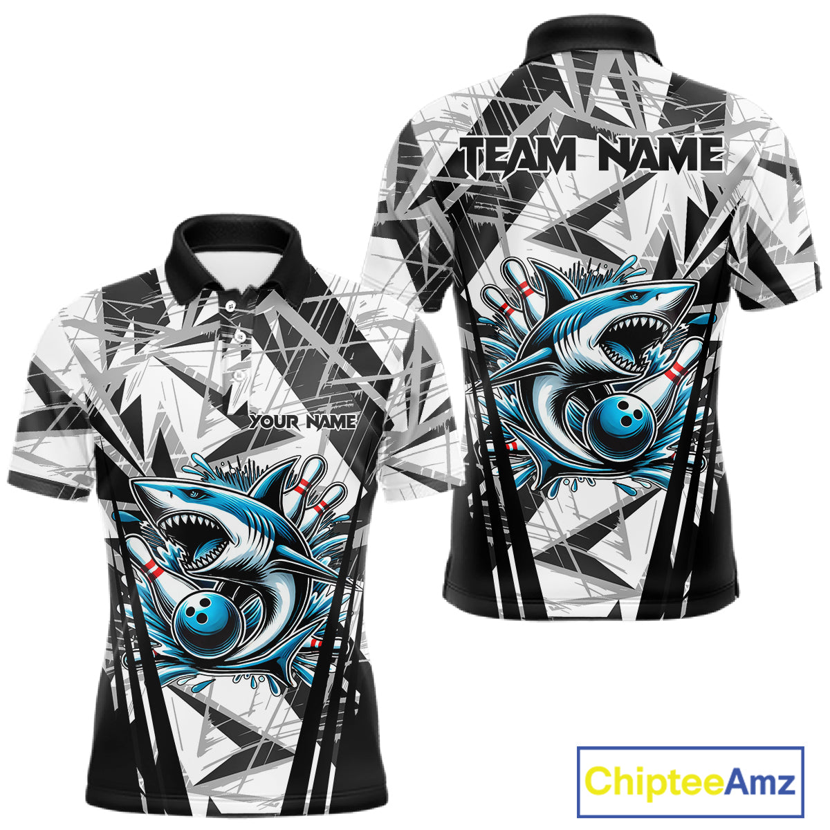 Black and White Camo Shark Bowling Team Shirts For Men Custom Shark Bowling Polo, Quarter Zip Shirt NQS11471