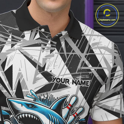 Black and White Camo Shark Bowling Team Shirts For Men Custom Shark Bowling Polo, Quarter Zip Shirt NQS11471