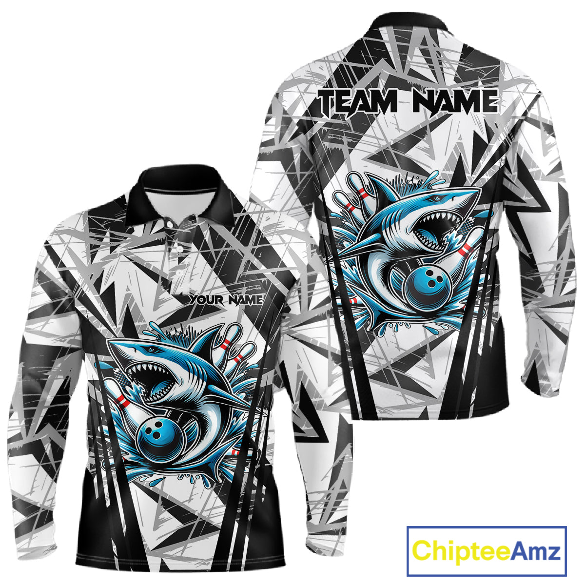 Black and White Camo Shark Bowling Team Shirts For Men Custom Shark Bowling Polo, Quarter Zip Shirt NQS11471