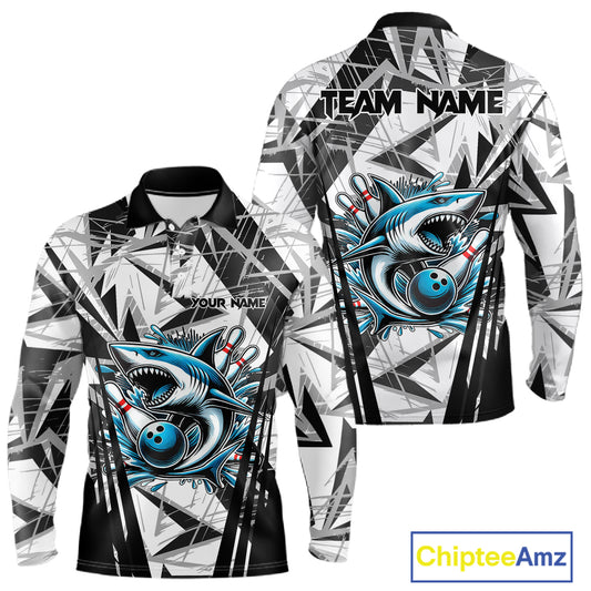 Black and White Camo Shark Bowling Team Shirts For Men Custom Shark Bowling Polo, Quarter Zip Shirt NQS11471