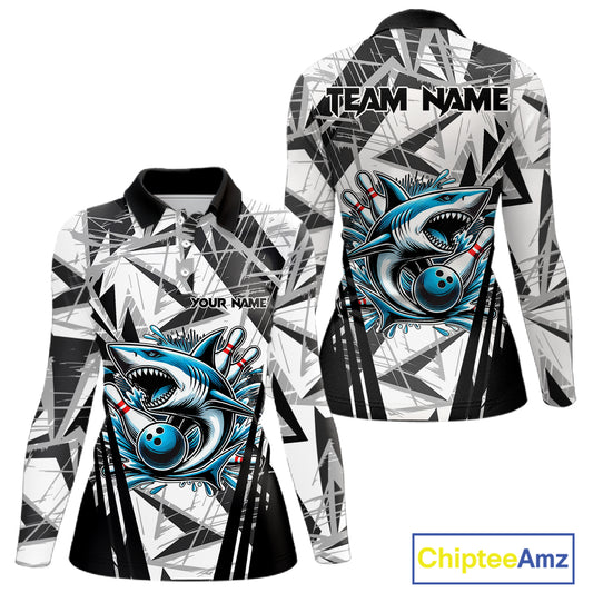 Black and White Camo Shark Bowling Team Shirt For Women Custom Shark Bowling Polo, Quarter Zip Shirt NQS11471
