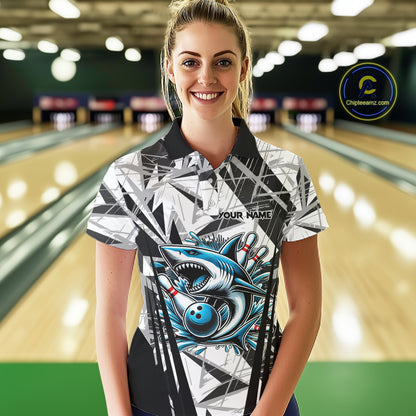 Black and White Camo Shark Bowling Team Shirt For Women Custom Shark Bowling Polo, Quarter Zip Shirt NQS11471