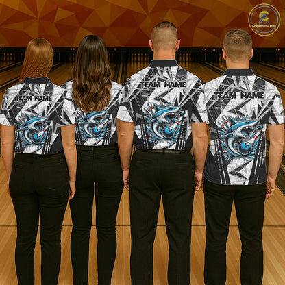 Black and White Camo Shark Bowling Team Shirts For Men Custom Shark Bowling Polo, Quarter Zip Shirt NQS11471