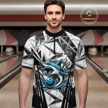 Black and White Camo Shark Bowling Team Shirts For Men Custom Shark Bowling Polo, Quarter Zip Shirt NQS11471
