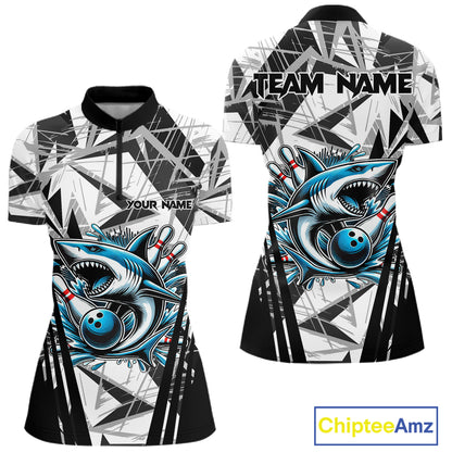 Black and White Camo Shark Bowling Team Shirt For Women Custom Shark Bowling Polo, Quarter Zip Shirt NQS11471