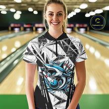 Load image into Gallery viewer, Black and White Camo Shark Bowling Team Shirt For Women Custom Shark Bowling Polo, Quarter Zip Shirt NQS11471
