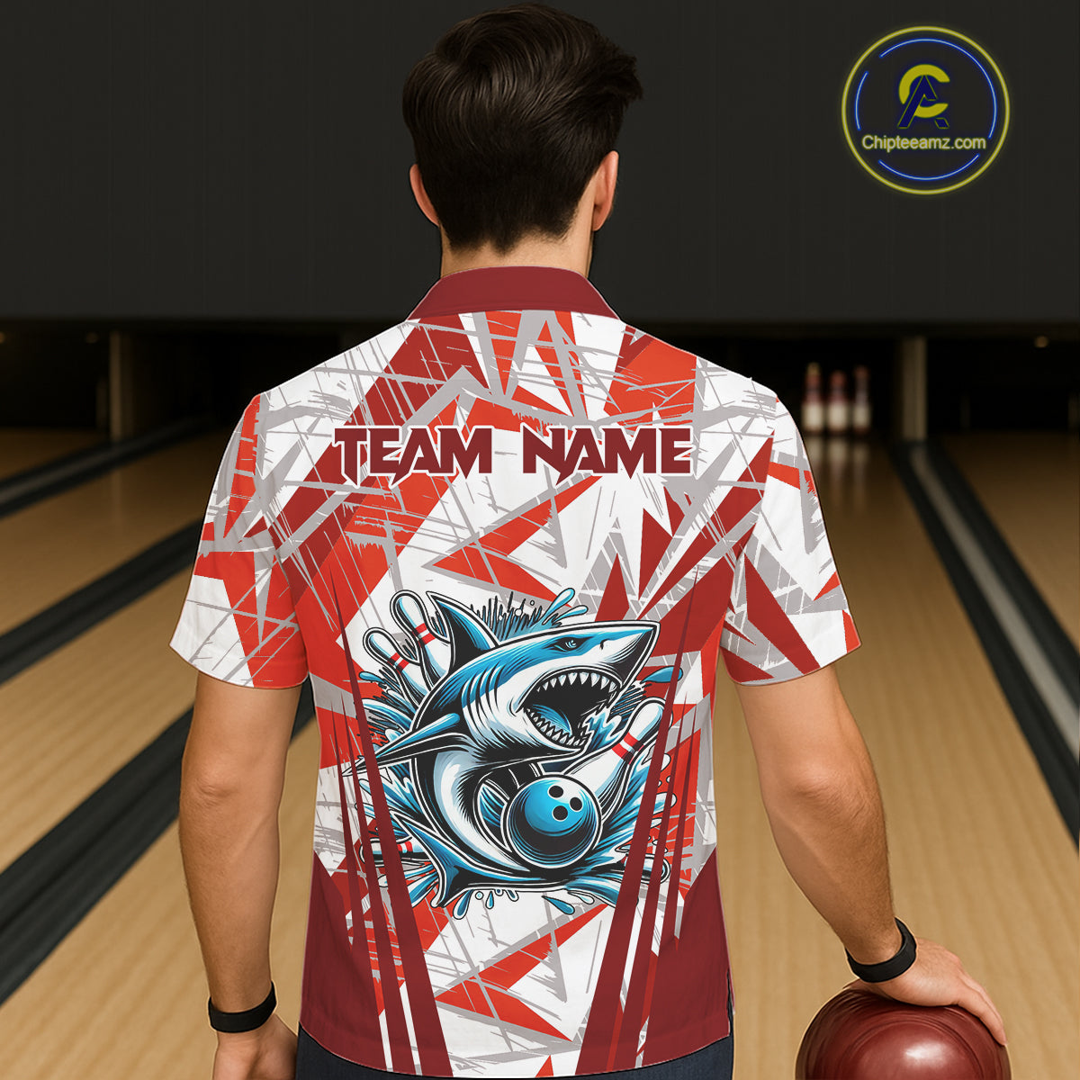 Red and White Camo Shark Bowling Team Hawaiian shirts Custom Shark Bowling button up Shirt NQS11472