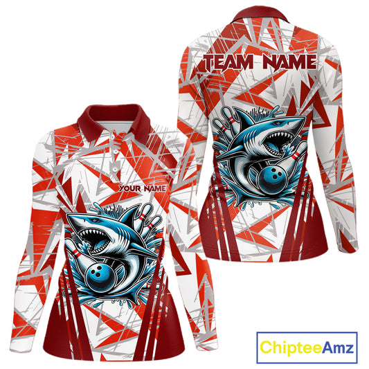 Red and White Camo Shark Bowling Team Shirt For Women Custom Shark Bowling Polo, Quarter Zip Shirt NQS11472
