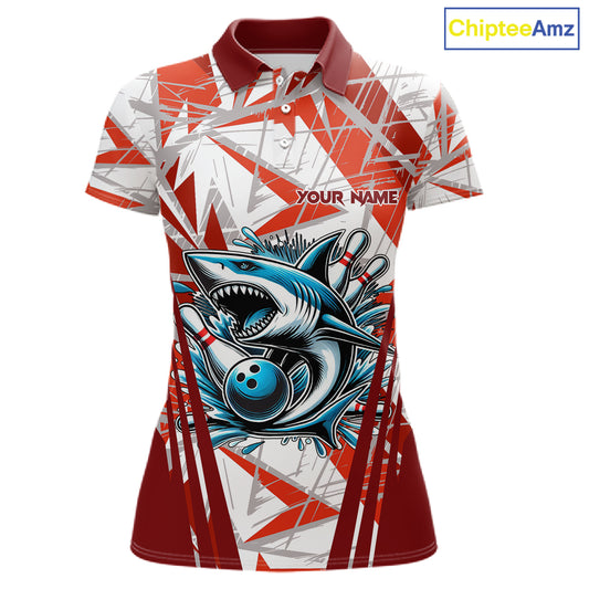 Red and White Camo Shark Bowling Team Shirt For Women Custom Shark Bowling Polo, Quarter Zip Shirt NQS11472
