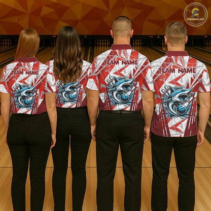 Red and White Camo Shark Bowling Team Shirts For Men Custom Shark Bowling Polo, Quarter Zip Shirt NQS11472