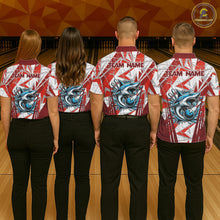 Load image into Gallery viewer, Red and White Camo Shark Bowling Team Shirt For Women Custom Shark Bowling Polo, Quarter Zip Shirt NQS11472