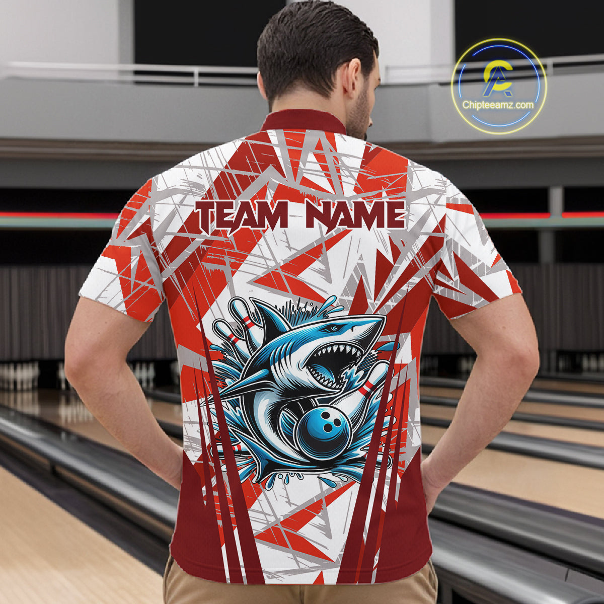 Red and White Camo Shark Bowling Team Shirts For Men Custom Shark Bowling Polo, Quarter Zip Shirt NQS11472