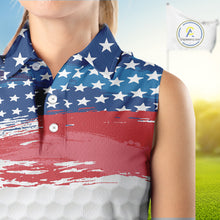 Load image into Gallery viewer, Personalized Red, White and Blue American Flag Women sleeveless polo shirt, patriotic ladies golf tops NQS9550