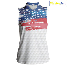Load image into Gallery viewer, Personalized Red, White and Blue American Flag Women sleeveless polo shirt, patriotic ladies golf tops NQS9550