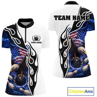 Blue Lightning Thunder American Flag Eagle Women Bowling shirts Custom Patriotic Team bowling Jersey NQS11658