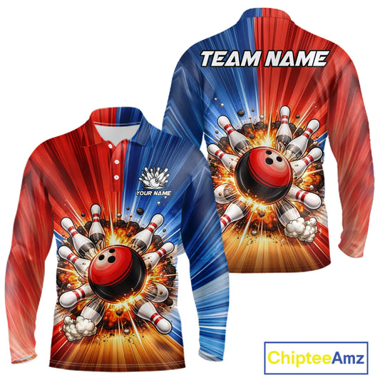 Funny Bowling Boom Polo, 1/4 Zip Shirt For Men Custom Red, White and Blue Team Bowler Jerseys NQS11660