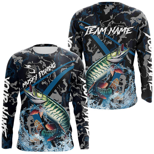 Custom Musky Fishing Camo Long Sleeve Fishing Shirts, Personalized Muskie Fishing Team Jerseys NQS9702