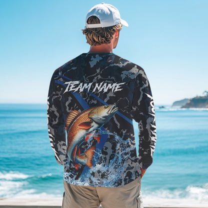 Custom Redfish Fishing Camo Long Sleeve Fishing Shirts, Personalized Red Drum Fishing Team Jerseys NQS9703