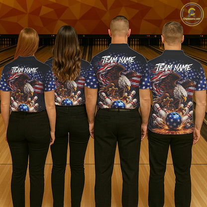 American Flag Flame Eagle Bowling Polo, 1/4 Zip Shirts For Men Custom Patriotic Bowling Team Jerseys NQS11748
