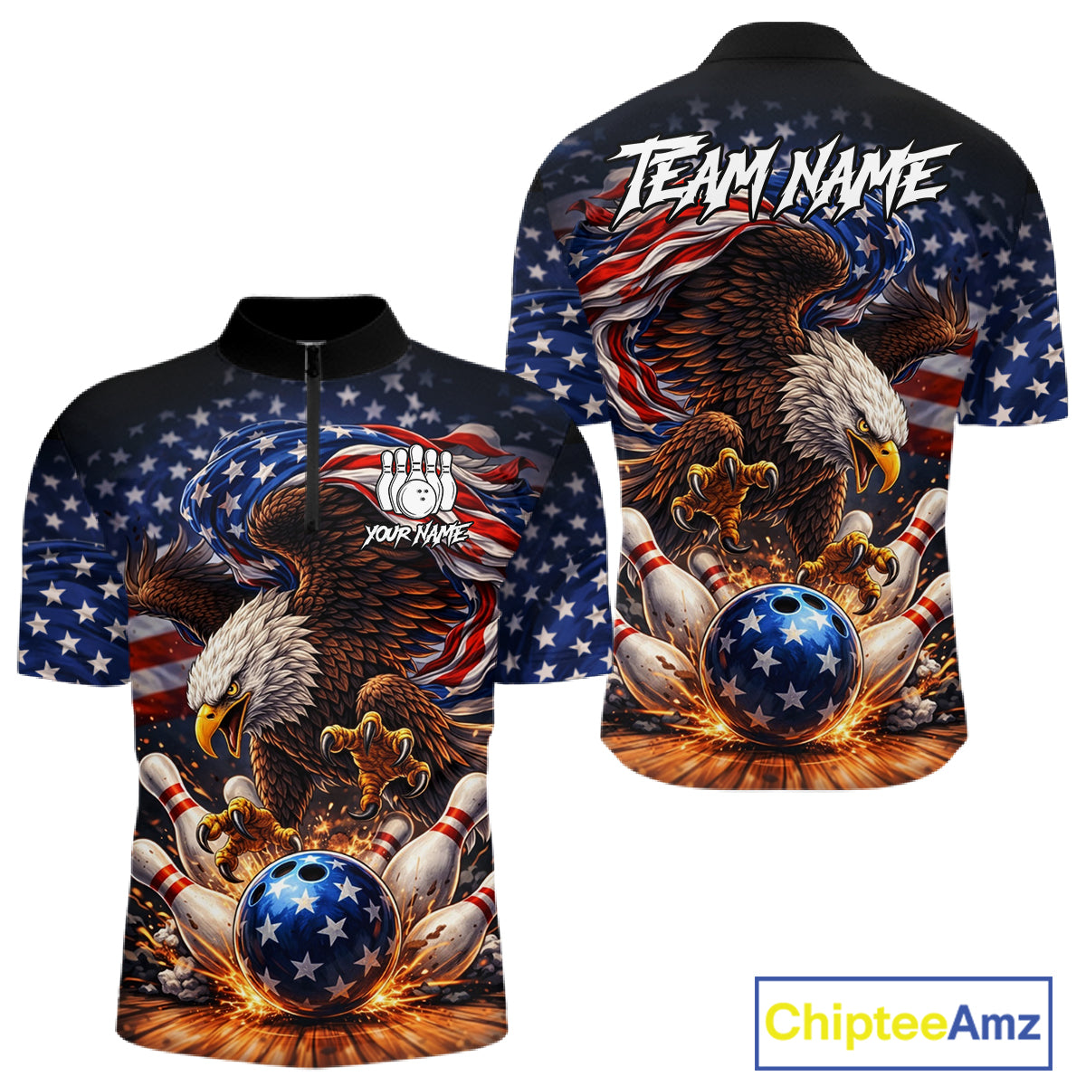 American Flag Flame Eagle Bowling Polo, 1/4 Zip Shirts For Men Custom Patriotic Bowling Team Jerseys NQS11748