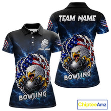 Load image into Gallery viewer, Blue Lightning Thunder US Flag Eagle Bowling Shirts For Women Custom Patriotic Bowling Team Jerseys NQS11749