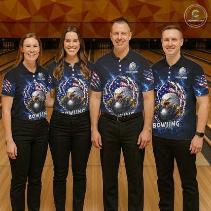 Blue Lightning Thunder US Flag Eagle Bowling Shirts For Women Custom Patriotic Bowling Team Jerseys NQS11749
