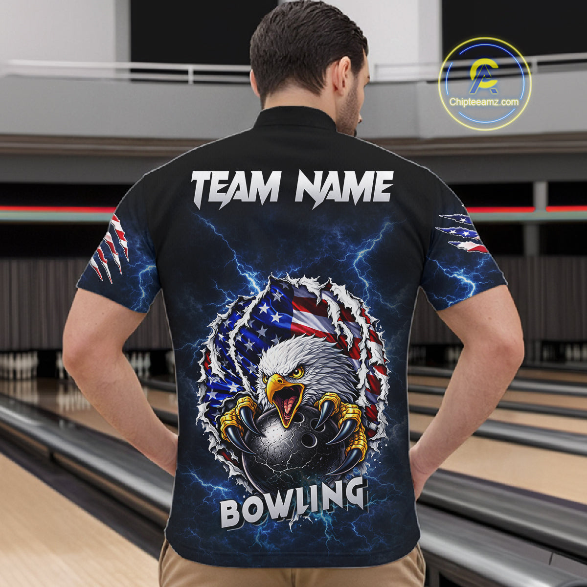 Blue Lightning Thunder US Flag Eagle Bowling Shirts For Men Custom Patriotic Bowling Team Jerseys NQS11749