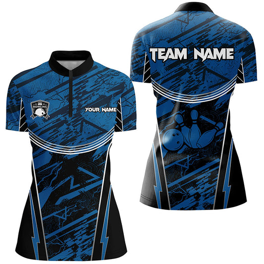 Blue camo Women Bowling Quarter Zip Shirt custom team bowling jerseys, gift for bowlers NQS7490