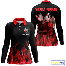 Load image into Gallery viewer, Red personalized bowling shirt for women – custom name design side view