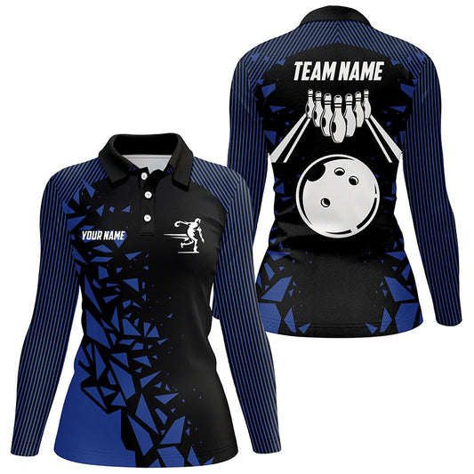 Black And Blue pattern Bowling Polo, 1/4 Quarter Zip Shirts For Women, Custom Name Bowling Team Jersey NQS7845